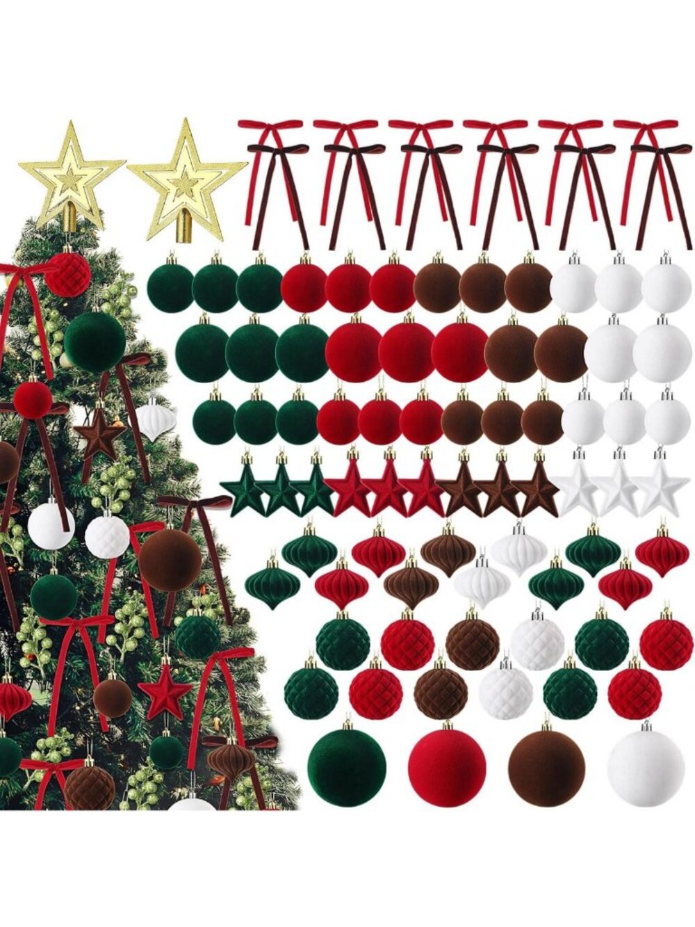 95 PCS Velvet Christmas Tree Decor Set - Red, Green, Brown & White Holiday